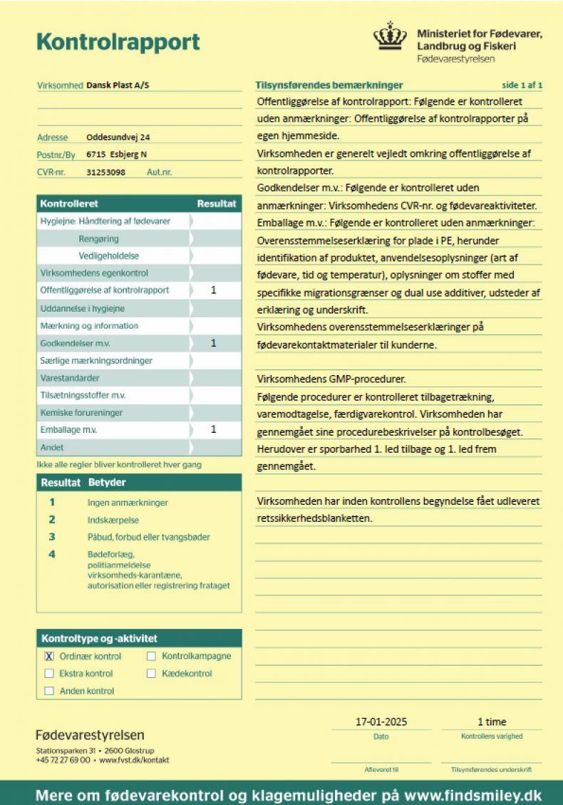 Kontrolrapport Fødevarestyrelsen 17 01 25